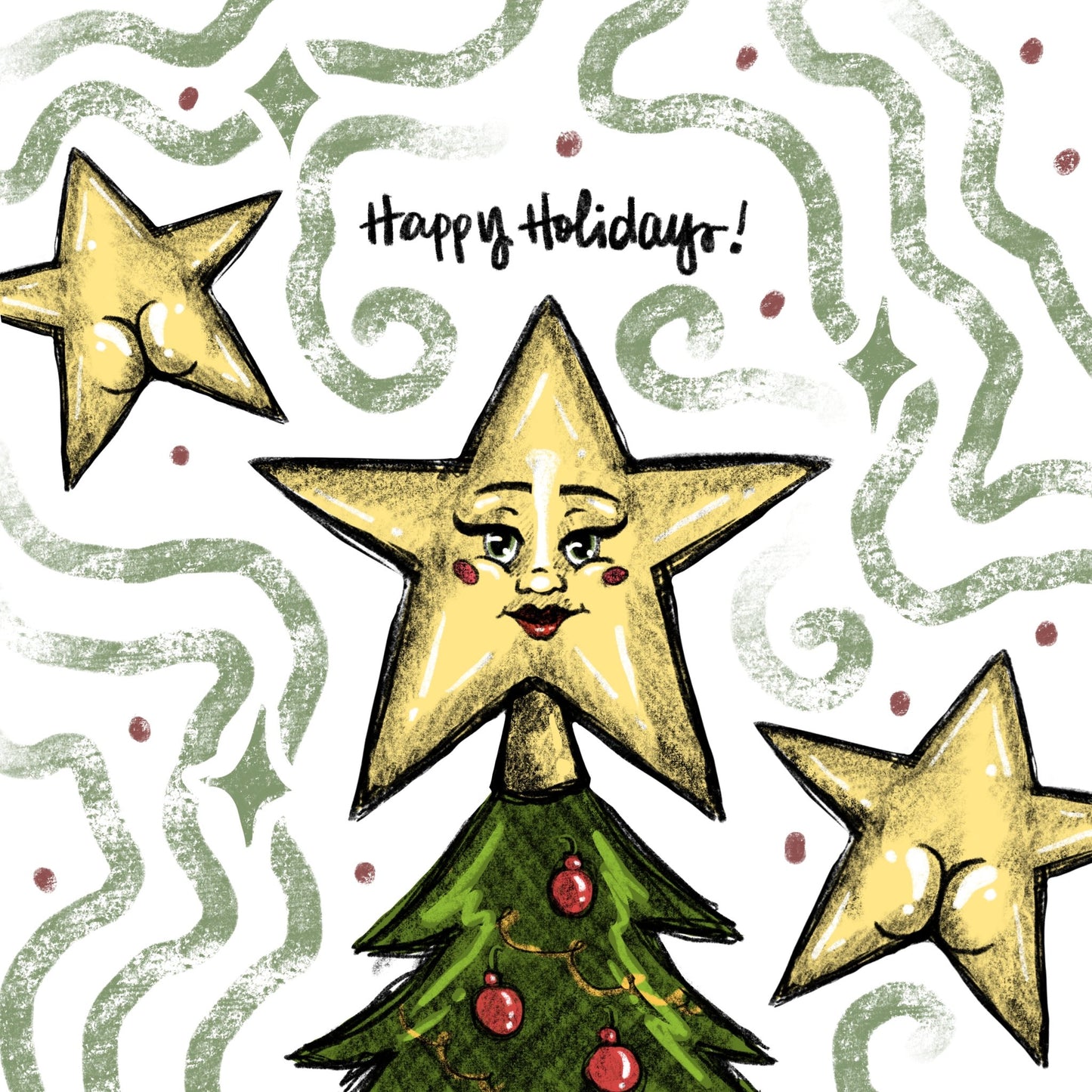 Happy Holidays Star Booties Postcard - Cheeky Art Studio - allison thompson - allisthompson - art - Greeting & Note Cards - Portland, Oregon - Asian American Artist