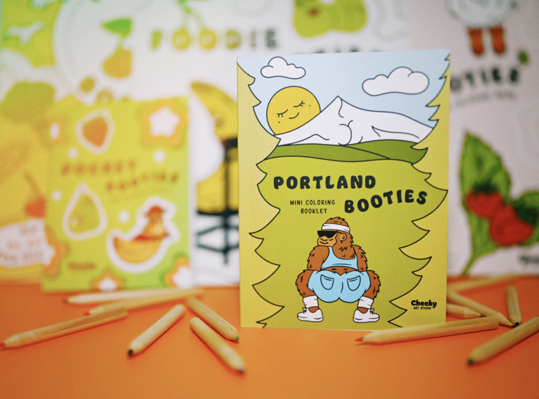 Portland Booties mini coloring book with cartoon on a yellow background