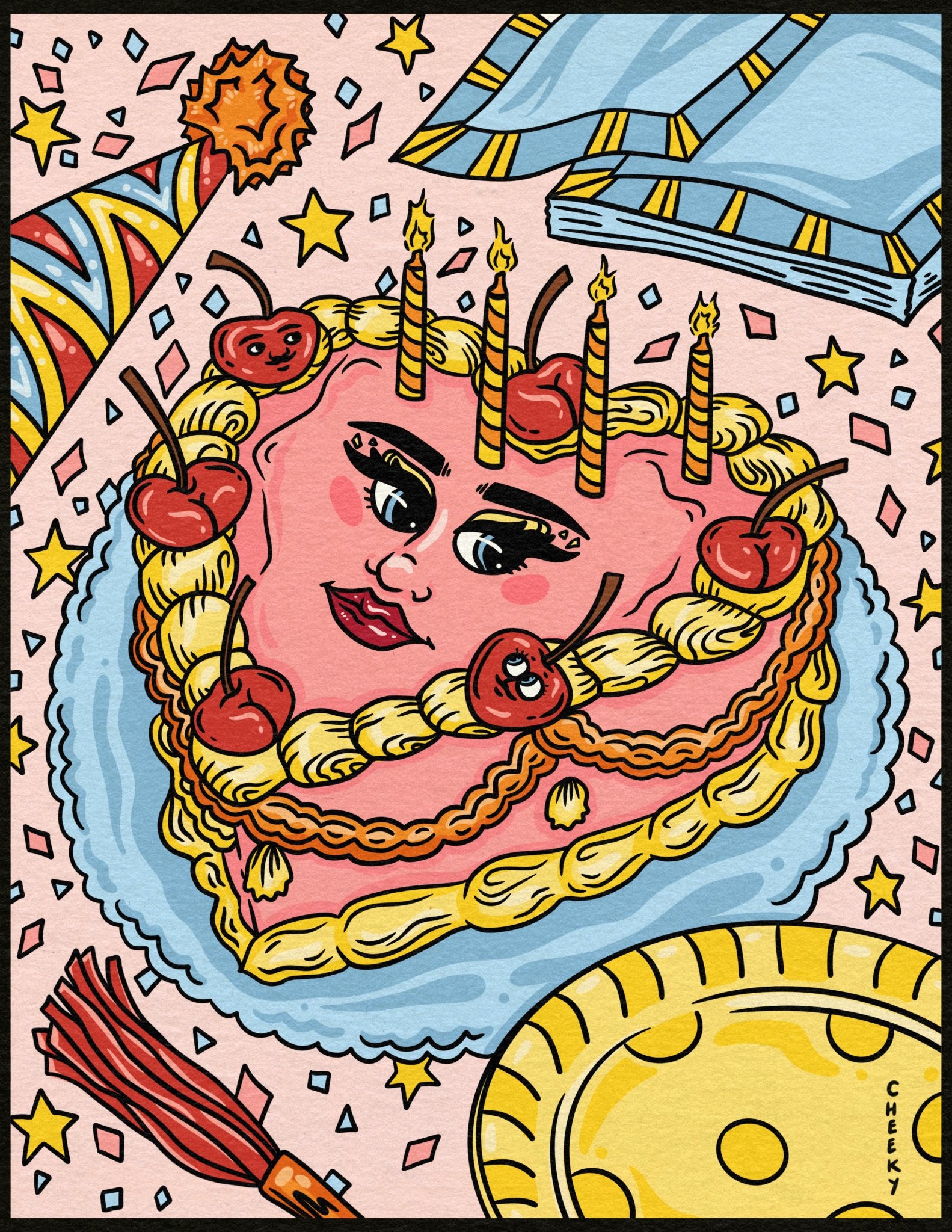 Cherrylicious Booty Bash Art Print - Cheeky Art Studio - art - birthday - cake - Artwork - Portland, Oregon - Asian American Artist