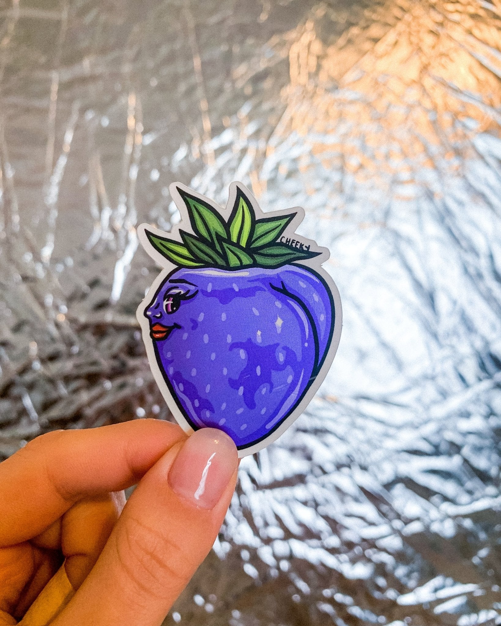 Chrome Blue Strawberry Vinyl Sticker - Cheeky Art Studio - berry - blue - chrome - Electronics Stickers & Decals - Portland, Oregon - Asian American Artist