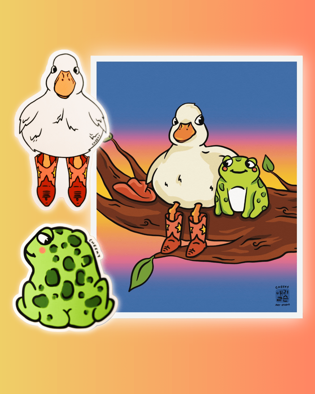 Duckie & Frogger Bundle - 1 Print, 2 Stickers - Cheeky Art Studio - Bundle - Duck - Frog - Portland, Oregon - Asian American Artist