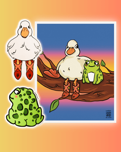 Duckie & Frogger Bundle - 1 Print, 2 Stickers - Cheeky Art Studio - Bundle - Duck - Frog - Portland, Oregon - Asian American Artist