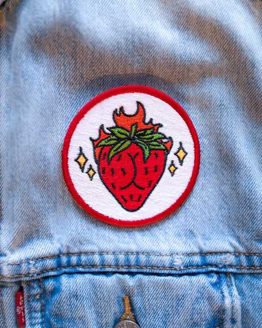 Flamin’ Strawbooty Embroidered Patch - Cheeky Art Studio-patch-strawberry-