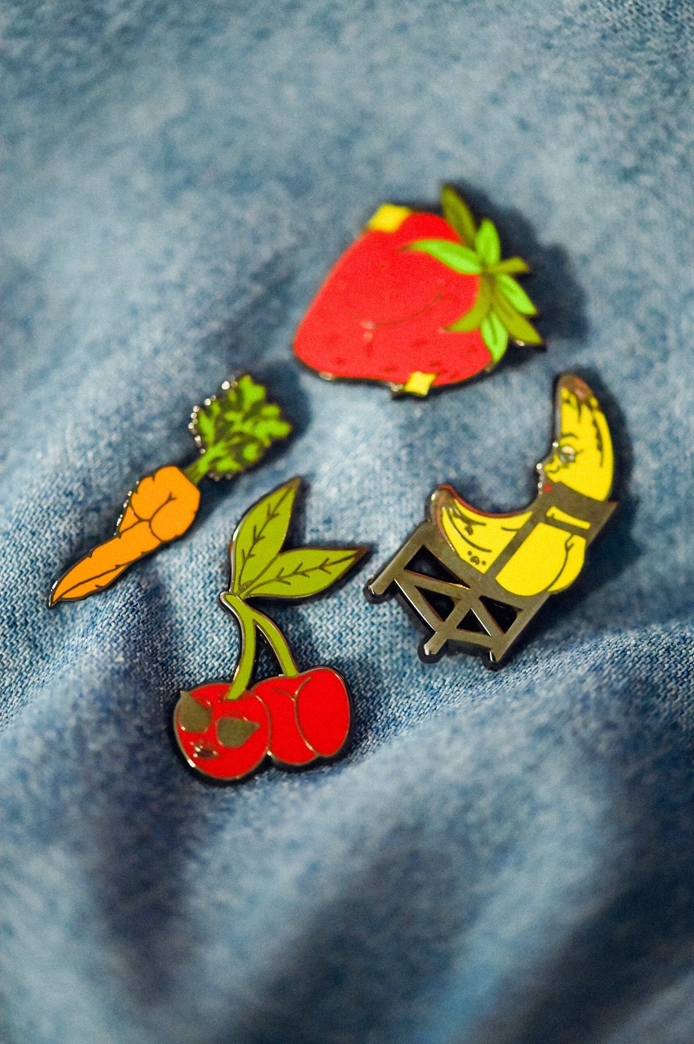 Foodie Booties Pin Pack - Cheeky Art Studio - banana - carrot - Cherry - Enamel Pins - Portland, Oregon - Asian American Artist