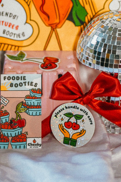 Handle With Care Cherries Vinyl Sticker - Cheeky Art Studio - allison thompson - allisthompson - art - Electronics Stickers & Decals - Portland, Oregon - Asian American Artist