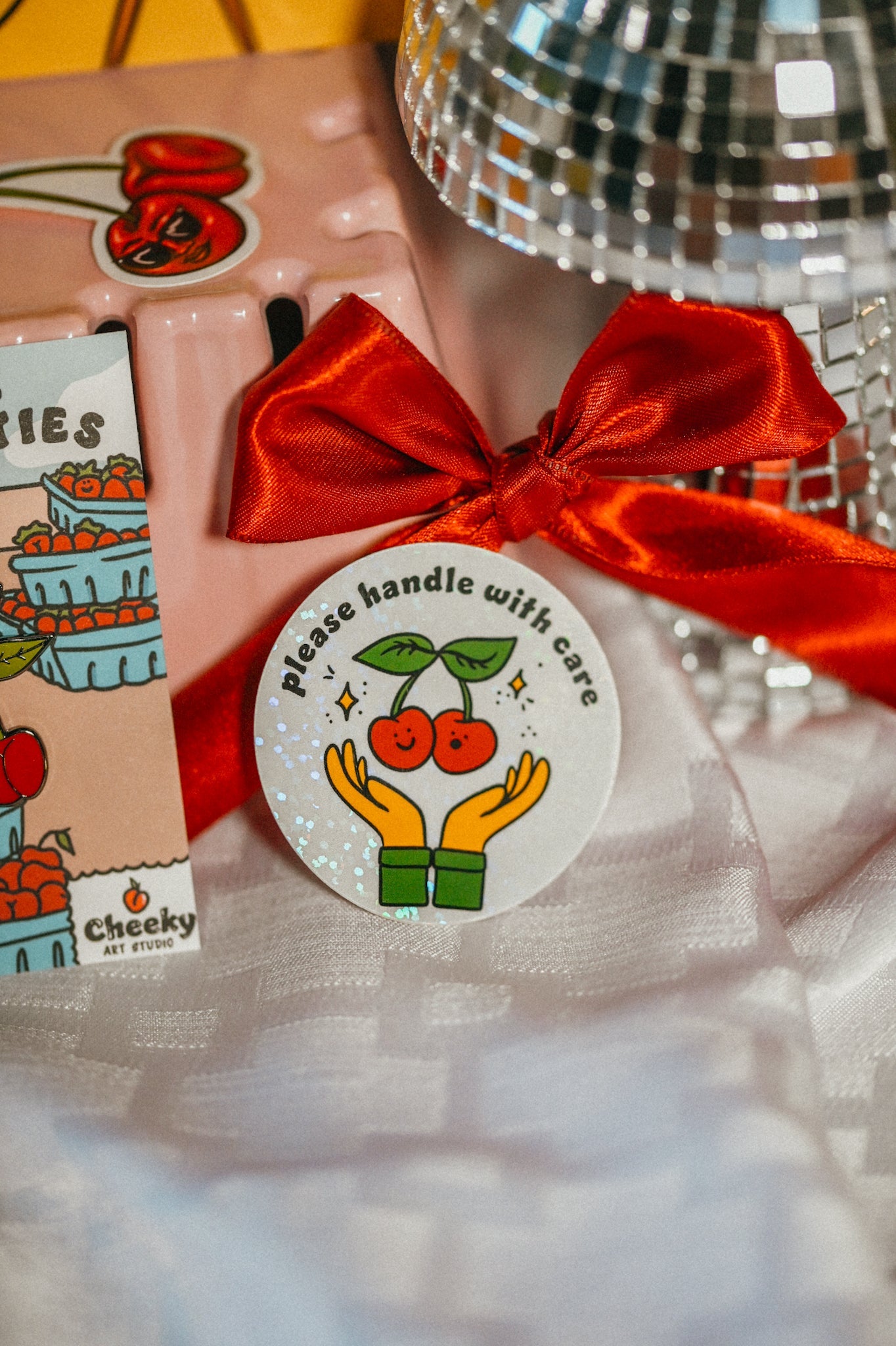Handle With Care Cherries Vinyl Sticker - Cheeky Art Studio - allison thompson - allisthompson - art - Electronics Stickers & Decals - Portland, Oregon - Asian American Artist