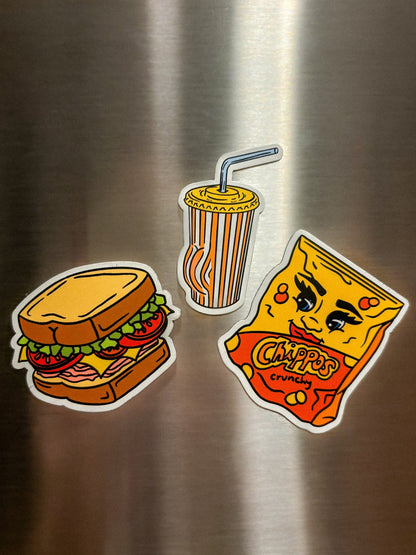 Lunch Pals Fridge Magnet Pack - Cheeky Art Studio-chippos-sandwich-soda