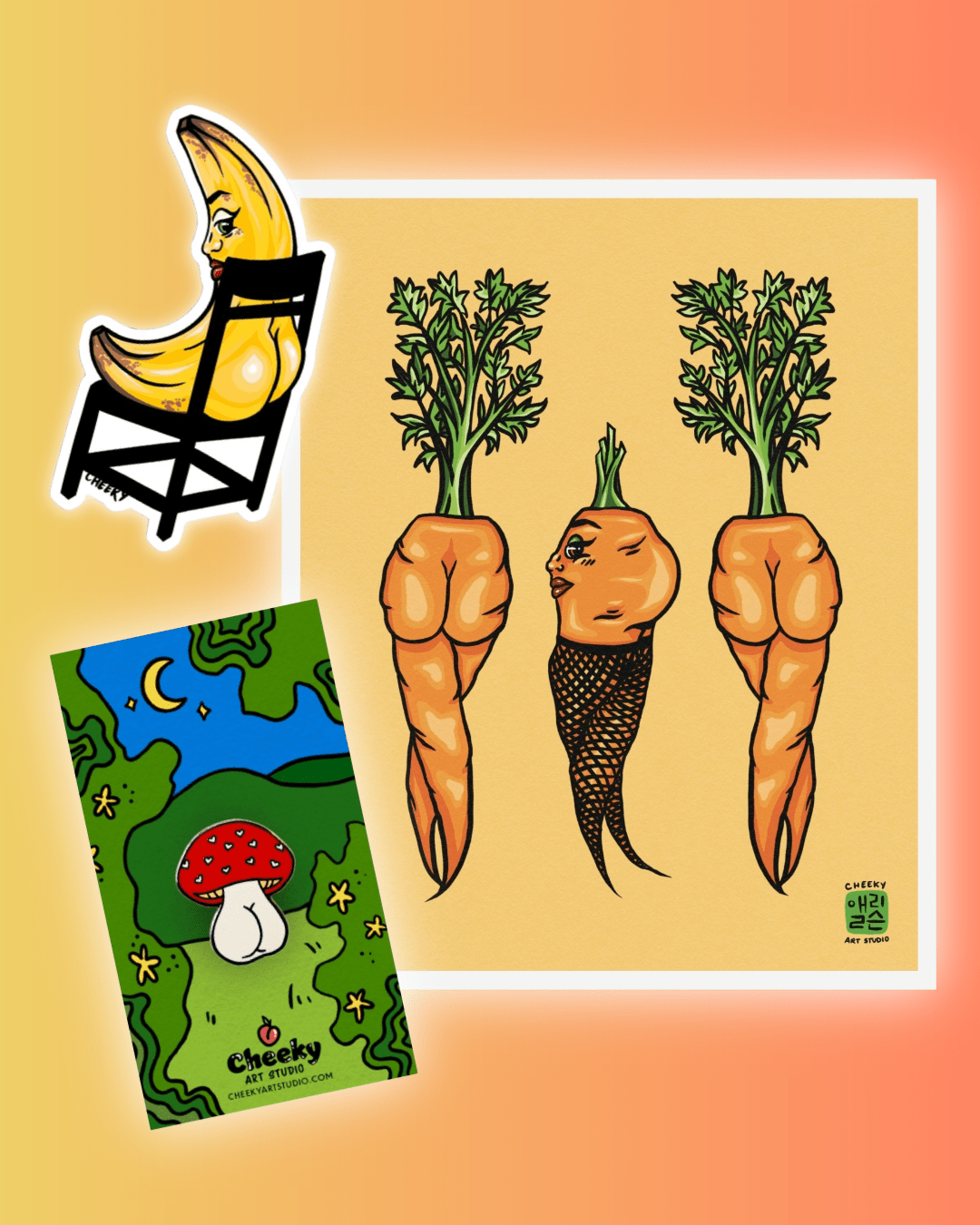 The Cheeky Classics Set - 1 Print, 1 Pin & 1 Sticker - Cheeky Art Studio - banana - Bundle - carrot - Portland, Oregon - Asian American Artist