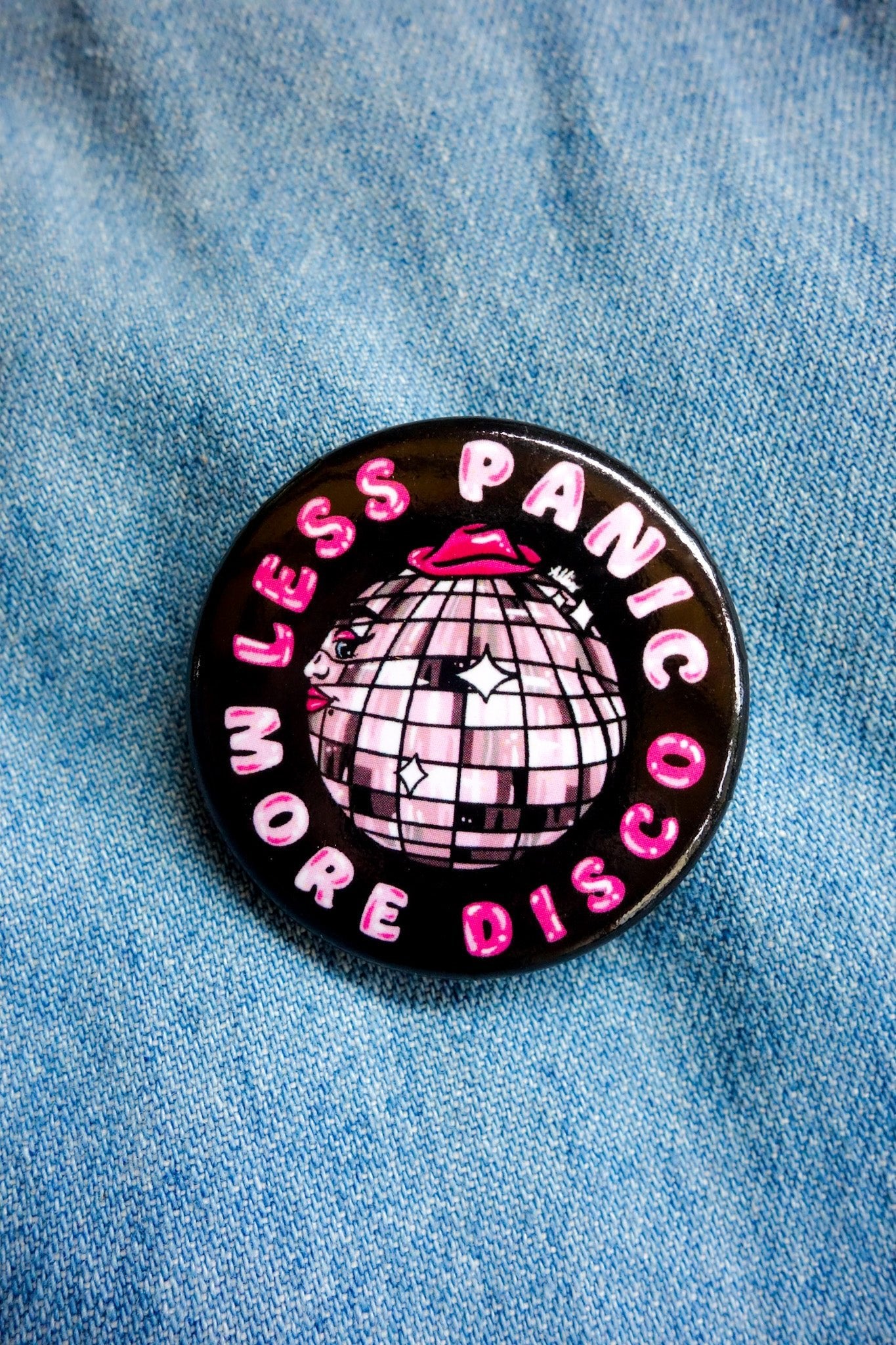Less Panic More Disco Pin Button - Cheeky Art Studio - allison thompson - allisthompson - art - Pin Button - Portland, Oregon - Asian American Artist