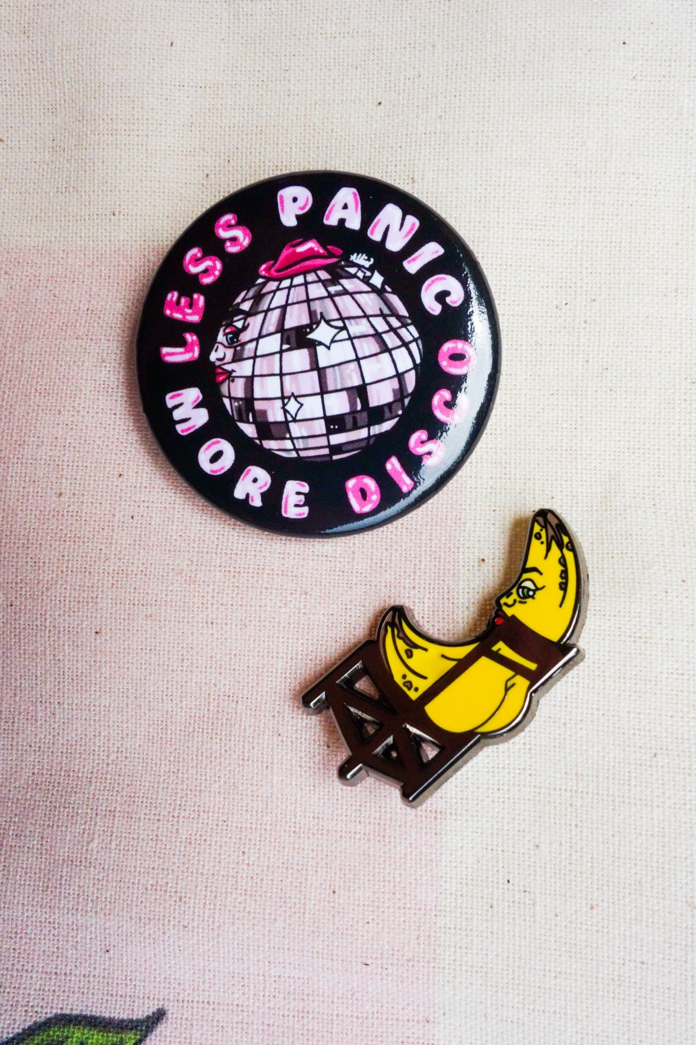 Less Panic More Disco Pin Button - Cheeky Art Studio