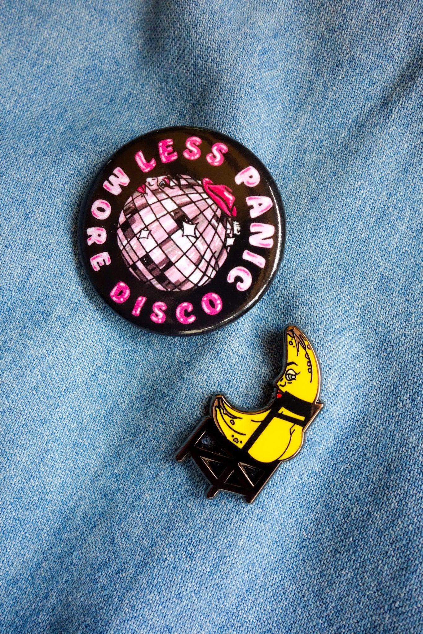Less Panic More Disco Pin Button - Cheeky Art Studio - allison thompson - allisthompson - art - Pin Button - Portland, Oregon - Asian American Artist