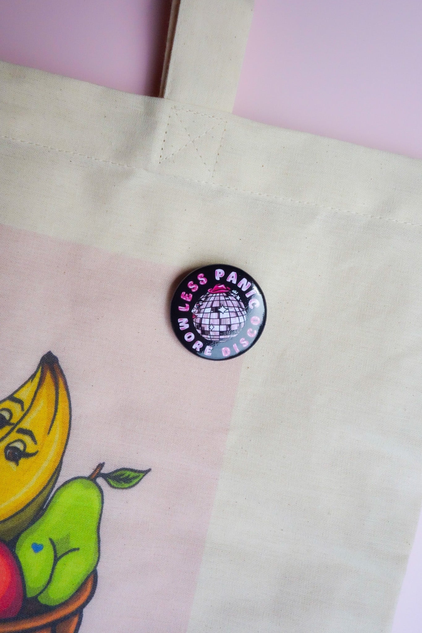 Less Panic More Disco Pin Button - Cheeky Art Studio - allison thompson - allisthompson - art - Pin Button - Portland, Oregon - Asian American Artist