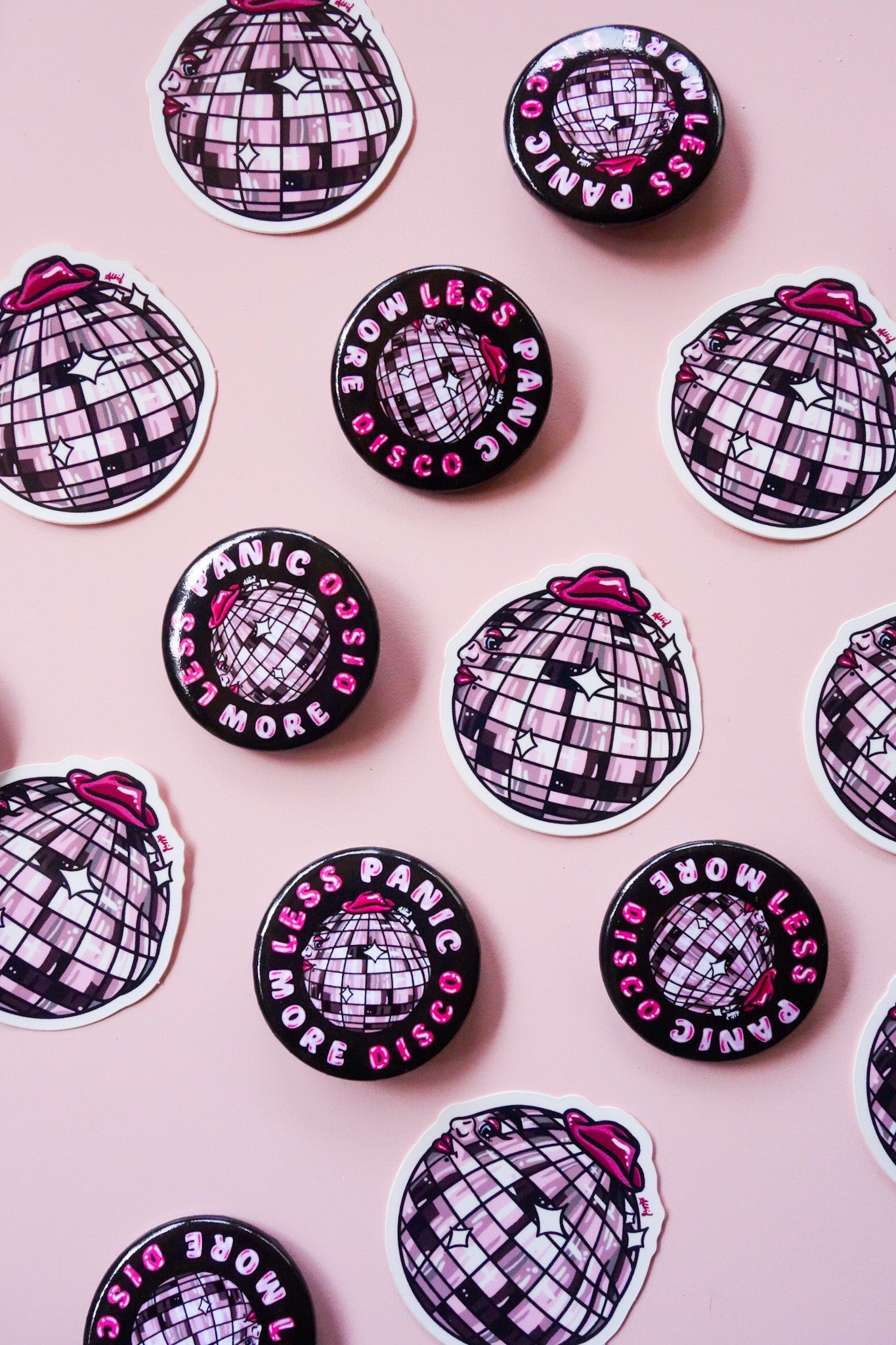 Less Panic More Disco Pin Button - Cheeky Art Studio - allison thompson - allisthompson - art - Pin Button - Portland, Oregon - Asian American Artist